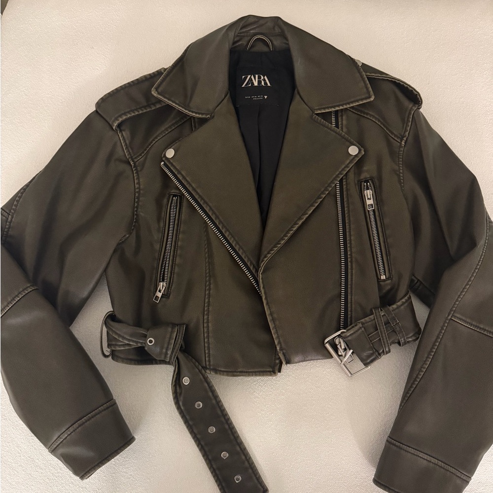 Zara Women's Dark Green Leather Jacket